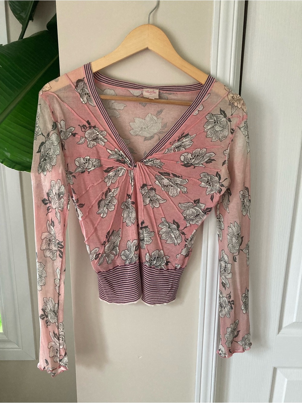 Whistles Pink Floral Twist-Front Long Sleeve Top